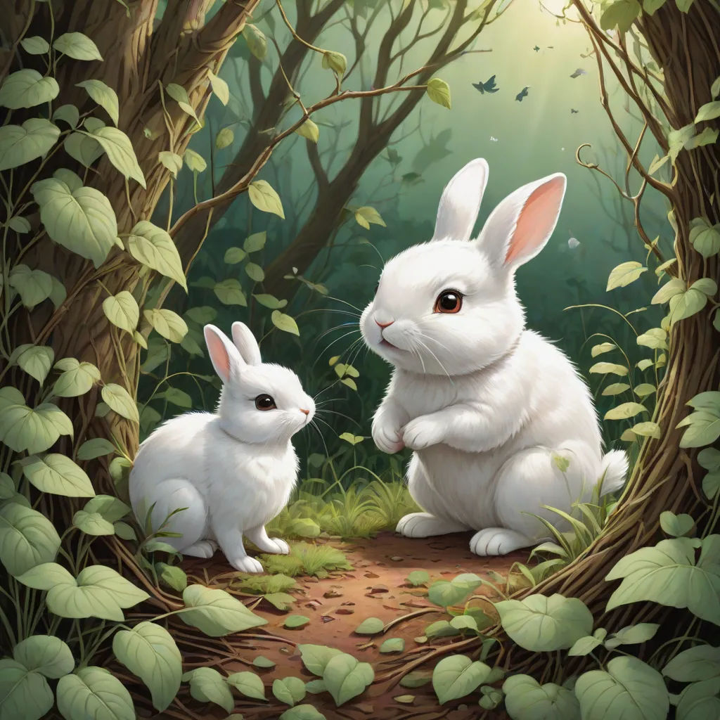 a painting of two white rabbits in a forest setting with green leaves and a path leading to them, with a bright light coming through the trees, fantasy art, a storybook illustration, Ed Binkley, official art