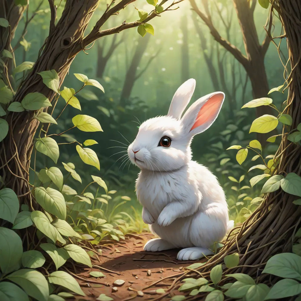 a white rabbit sitting in the middle of a forest with leaves on the ground and a sunbeam in the background, fantasy art, a digital painting, Clint Cearley, rossdraws global illumination