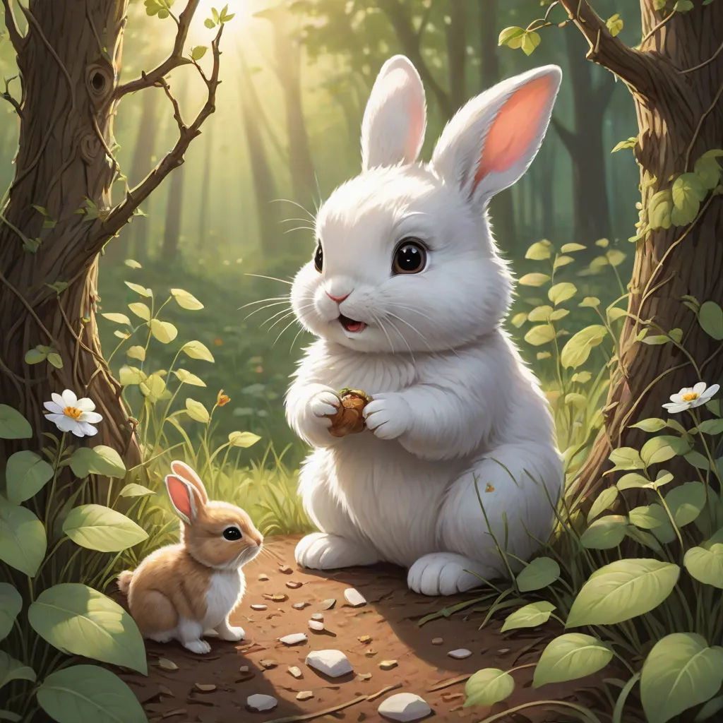 a painting of a bunny and a rabbit eating something in the woods with sunlight shining through the trees behind them, fantasy art, a storybook illustration, Ed Binkley, official art