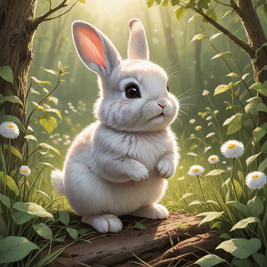 a white rabbit sitting in the grass with daisies around it's feet and eyes wide open, with a forest background, furry art, a detailed painting, Ed Binkley, magic the gathering artwork