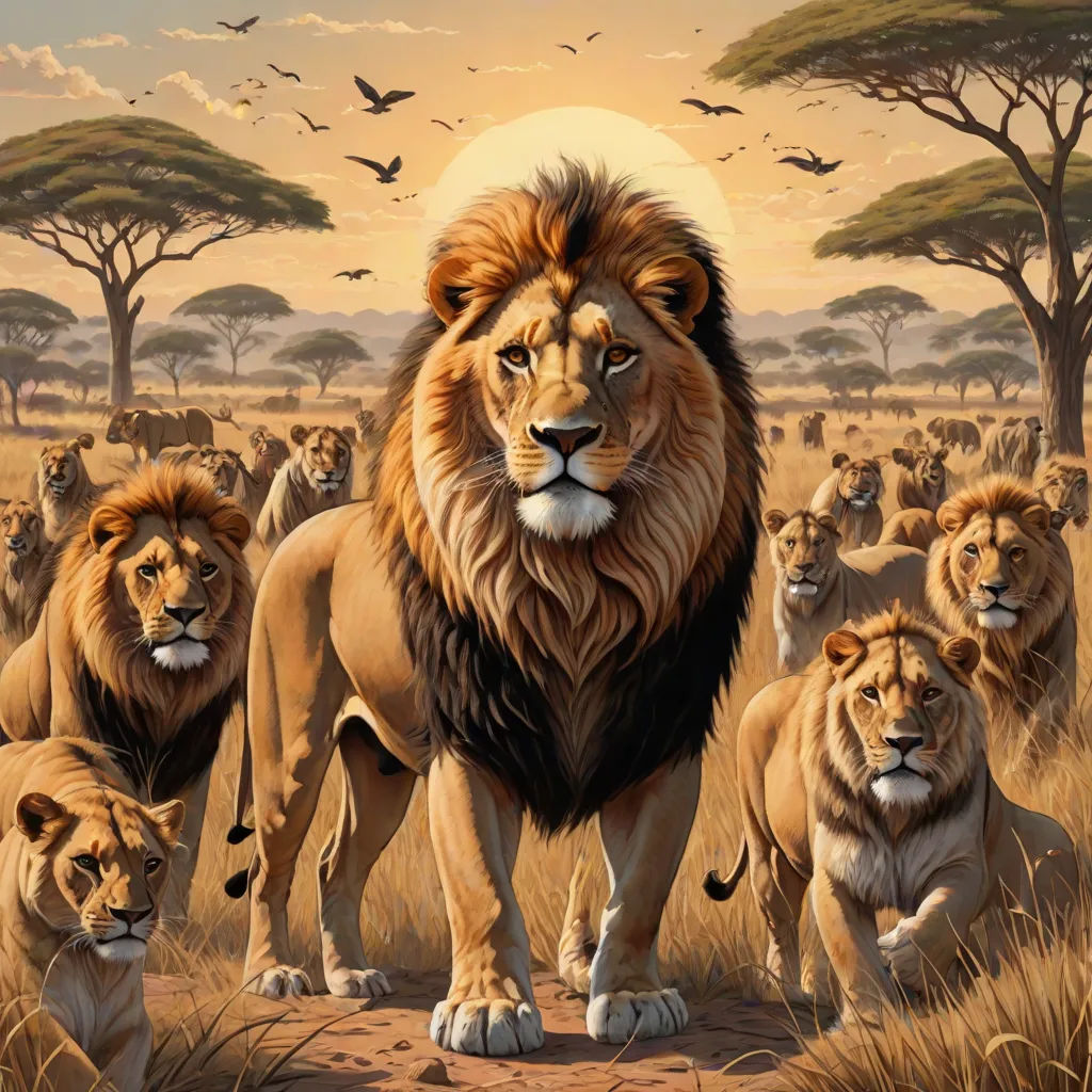 a painting of a lion and his cubs in the wild with a full moon in the background and birds flying overhead, fantastic realism, an oil painting, Chris LaBrooy, majestic