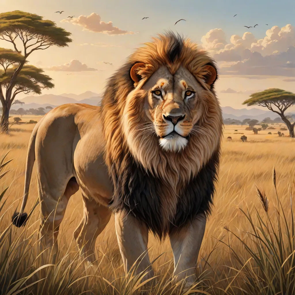 a painting of a lion in a field of grass with trees in the background and birds flying overhead in the sky, fantastic realism, an airbrush painting, Chris LaBrooy, highly detailed digital painting