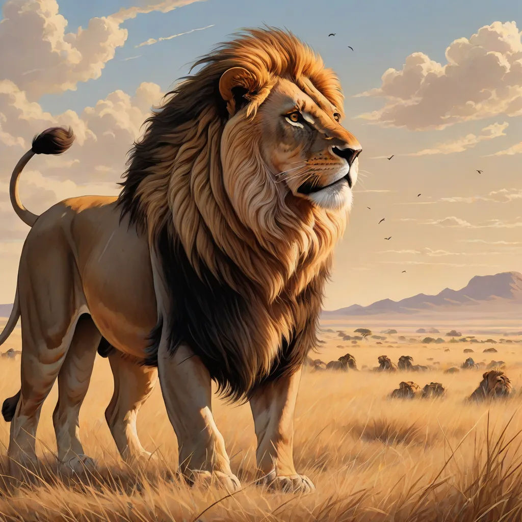 a lion standing in a field of dry grass with a sky background and clouds in the background, with a few birds flying overhead, fantastic realism, an airbrush painting, Chris LaBrooy, highly detailed digital painting
