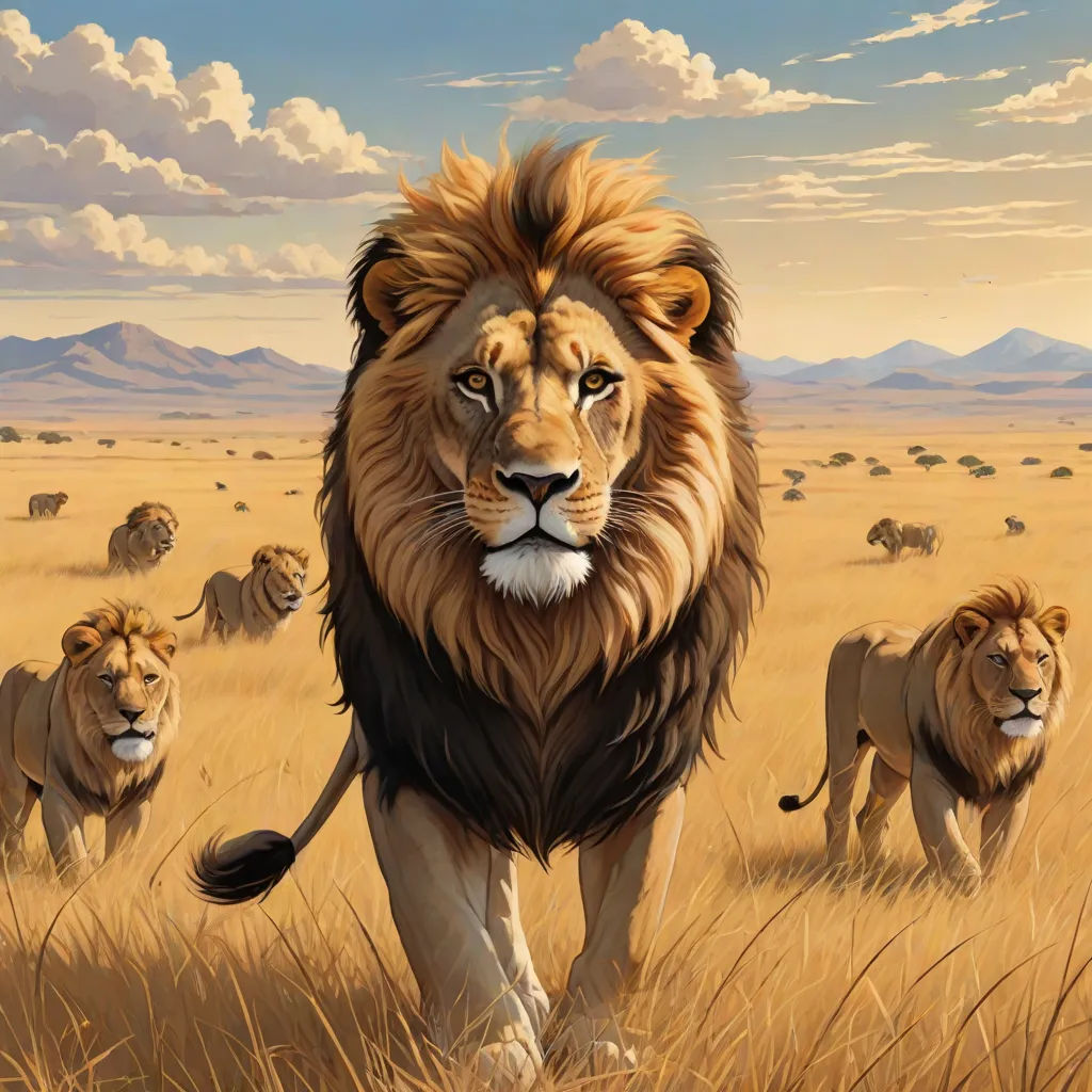 a painting of a lion walking through a field of grass with other lions in the background and clouds in the sky, furry art, an oil painting, Chris LaBrooy, majestic