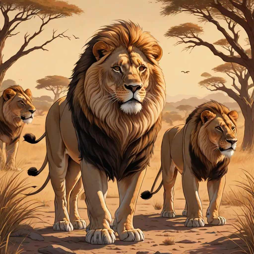 a painting of three lions walking in the wild together, with trees in the background and a sunset in the sky, furry art, an airbrush painting, Brothers Hildebrandt, highly detailed digital painting