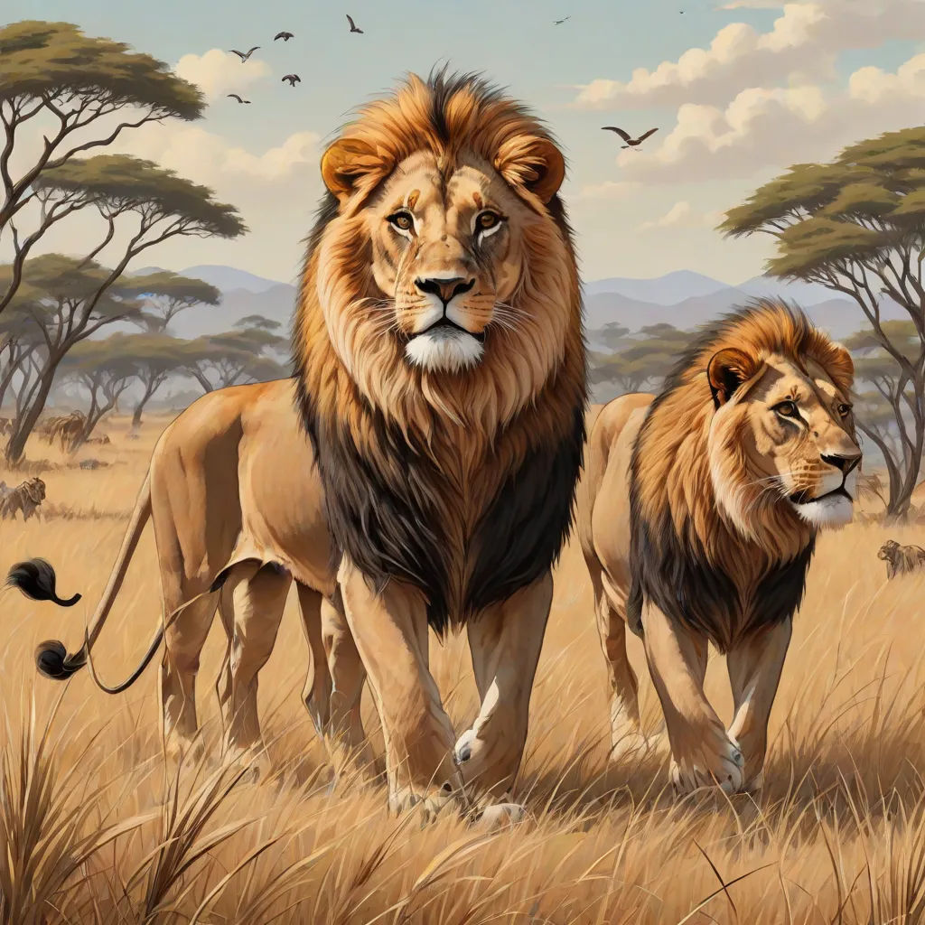 a painting of two lions walking in a field of grass with trees in the background and birds flying overhead, fantasy art, an airbrush painting, Brothers Hildebrandt, highly detailed digital painting