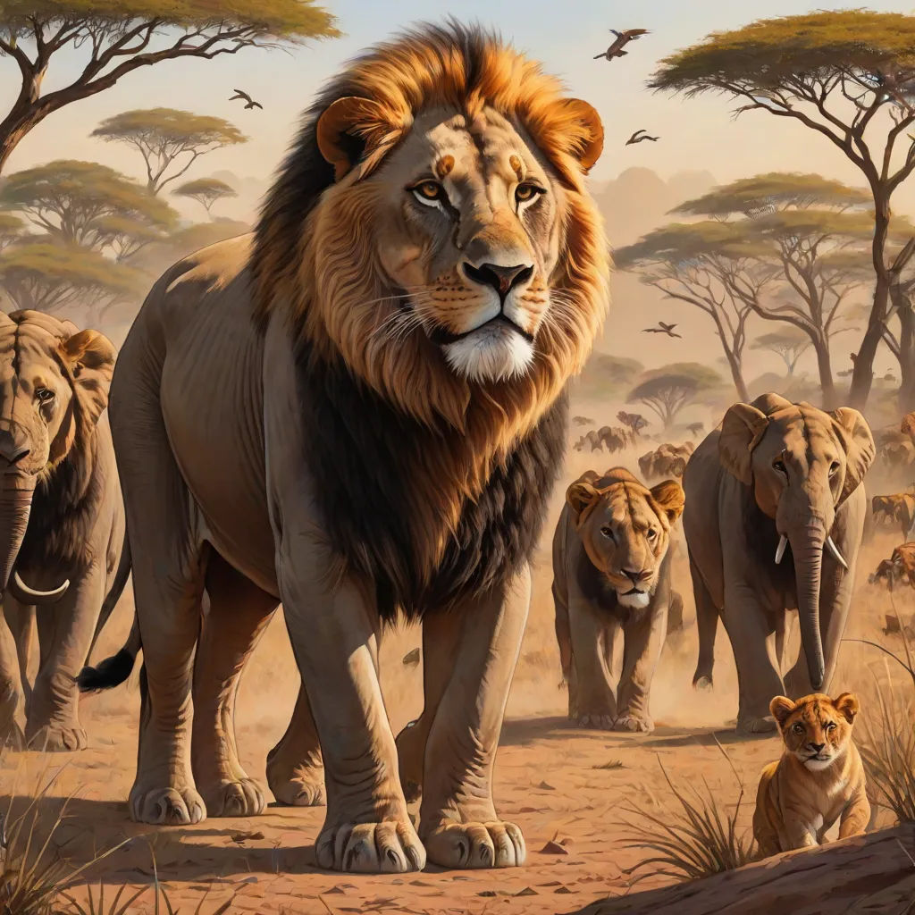 a painting of a lion and its cubs in the wild with birds flying overhead and trees in the background, sumatraism, an oil painting, Brothers Hildebrandt, highly detailed oil painting