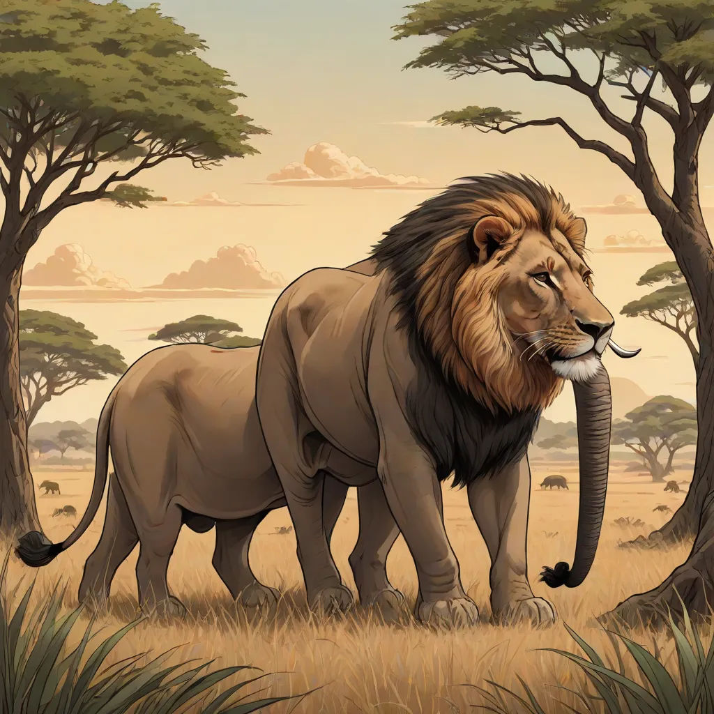 a lion standing in a field with trees in the background and a sky background with clouds and clouds, and a few clouds, and a few trees, and a few,, fantastic realism, an airbrush painting, Chris LaBrooy, walton ford
