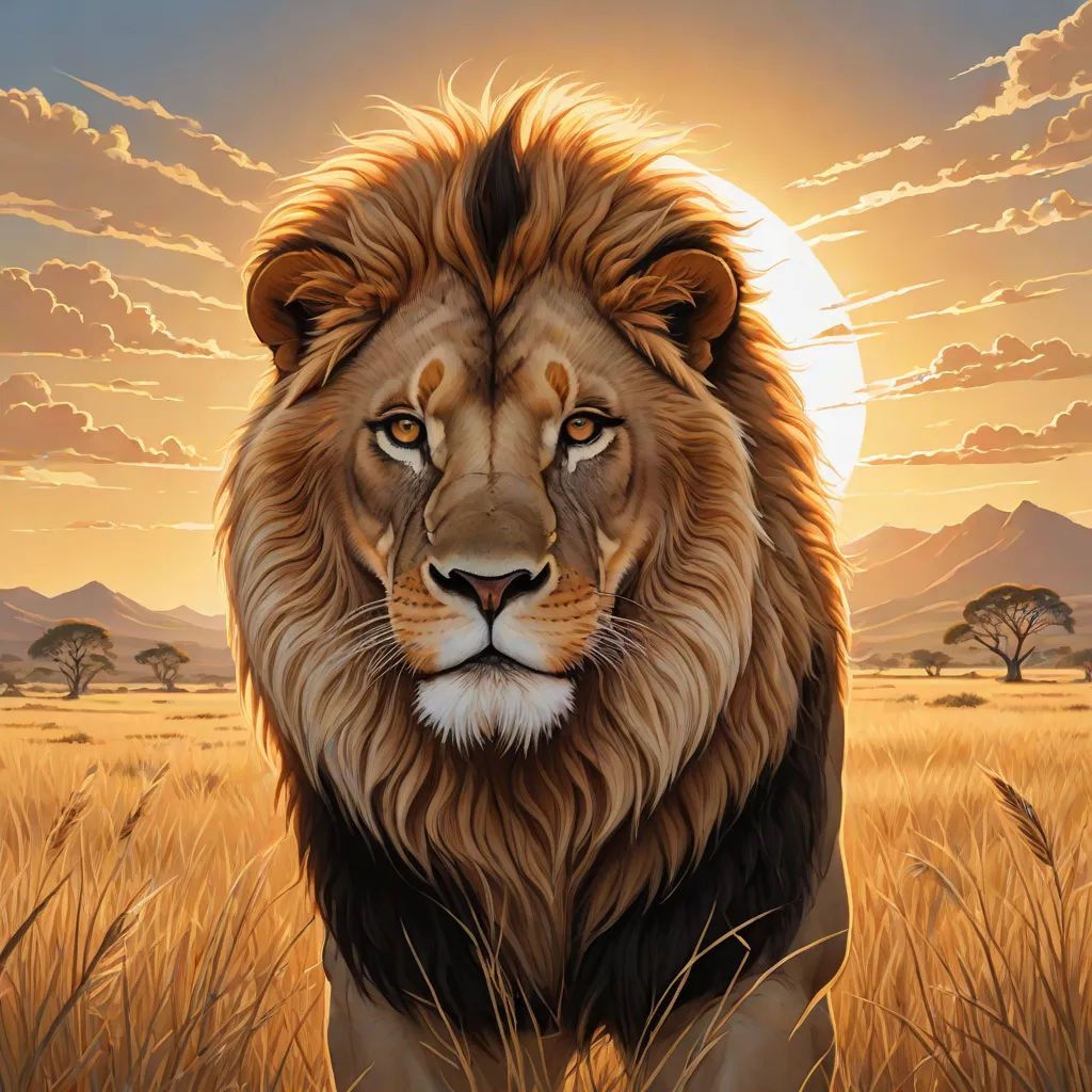 a painting of a lion in a field of grass with the sun setting behind it and clouds in the sky, fantastic realism, an airbrush painting, Anne Stokes, majestic
