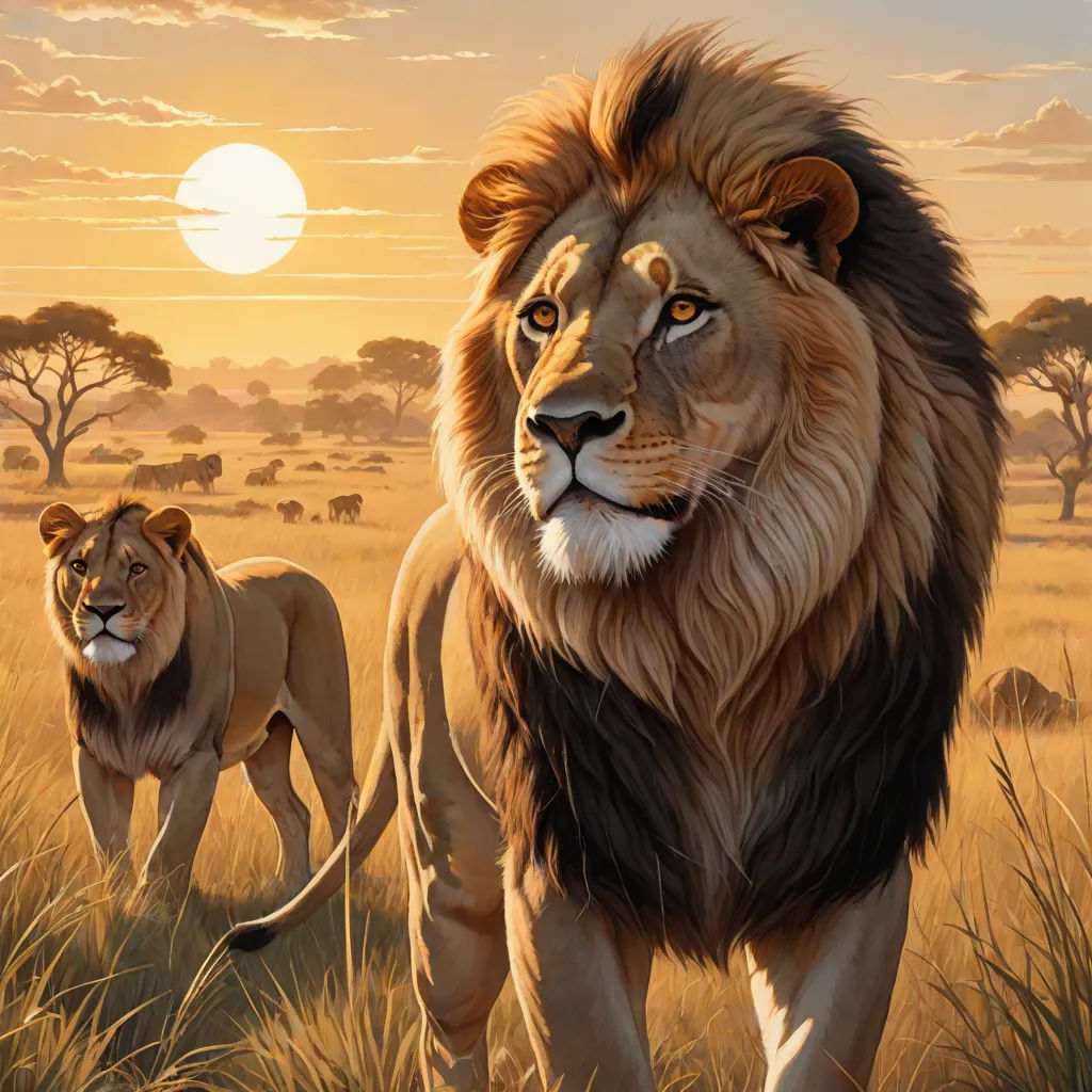 a painting of two lions walking in a field at sunset with the sun setting behind them and a lion in the foreground, furry art, an oil painting, Brothers Hildebrandt, oil painting