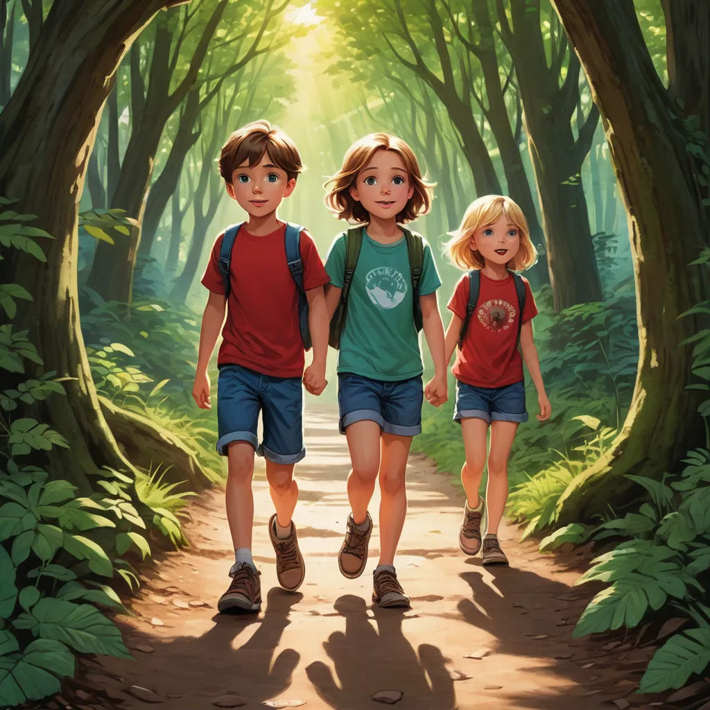 a painting of three children walking down a path in a forest with trees and ferns on either side of them, american scene painting, a storybook illustration, Aaron Jasinski, official art