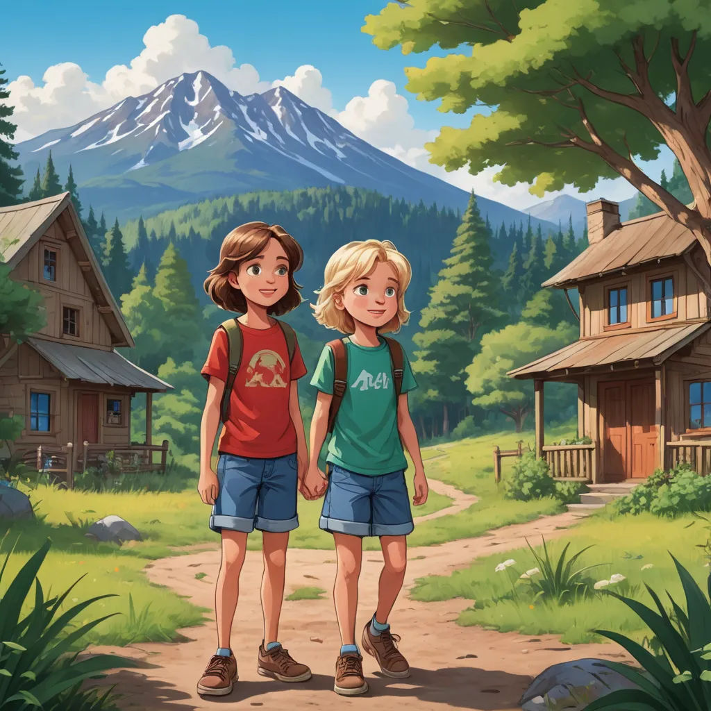a couple of kids standing next to each other on a dirt road in front of a mountain range with a house, american scene painting, a storybook illustration, Andrey Esionov, official art