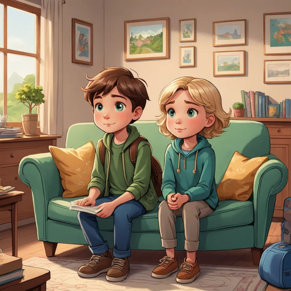 a boy and a girl sitting on a couch in a living room with a book in their hands and a suitcase in the other hand, sots art, a storybook illustration, Diego Gisbert Llorens, storybook illustration