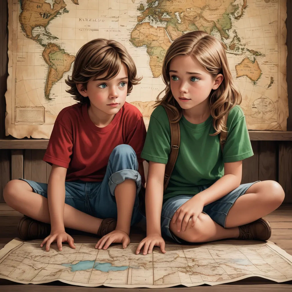 two children sitting on a map looking at the map of the world on the floor with a map in the background, photorealism, a storybook illustration, Brothers Hildebrandt, highly detailed digital painting