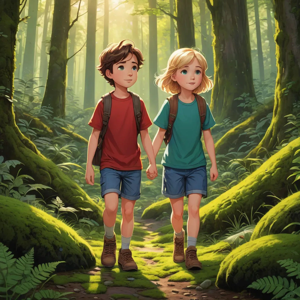 a couple of kids walking through a forest holding hands and walking towards the camera with a backpack on their shoulders, sots art, a storybook illustration, Diego Gisbert Llorens, rossdraws global illumination
