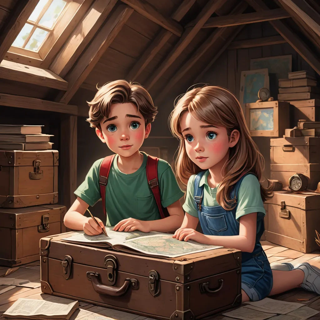 a boy and a girl sitting on the floor with a suitcase and a map in front of them,, sots art, a storybook illustration, Alejandro Burdisio, rossdraws global illumination