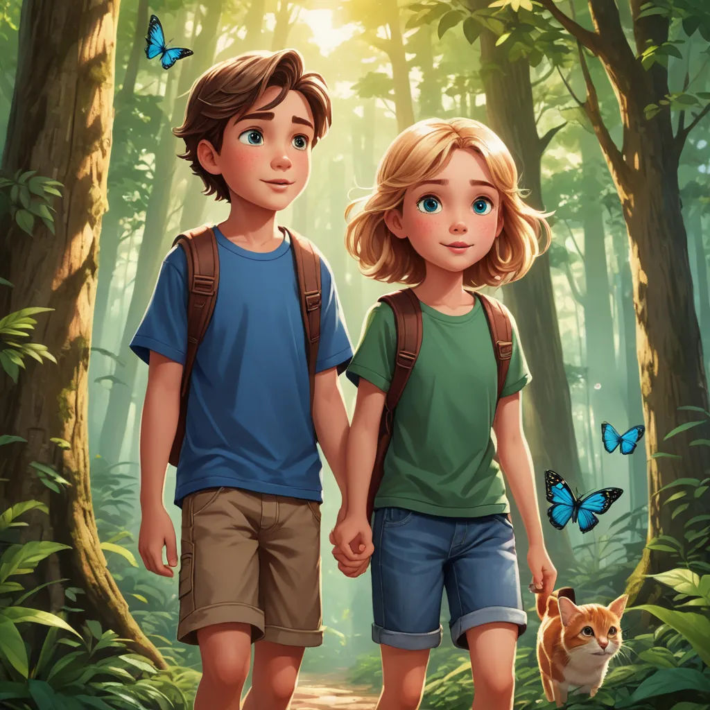 a boy and a girl are walking in the woods with a cat and a butterfly on their shoulder and a cat on their shoulder, magical realism, a storybook illustration, Aaron Jasinski, rossdraws global illumination