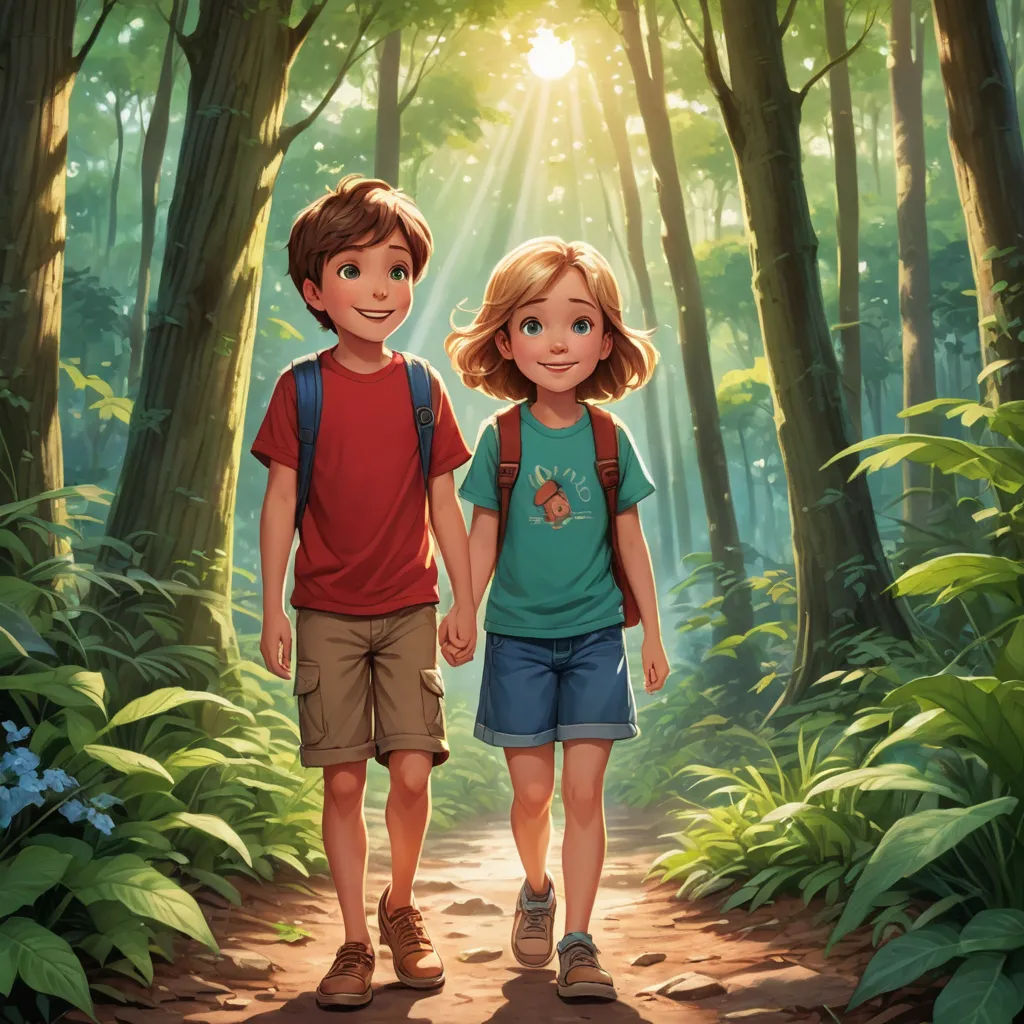 a couple of kids walking down a forest path holding hands and smiling at the camera with the sun shining through the trees, american scene painting, a storybook illustration, Brothers Hildebrandt, rossdraws global illumination