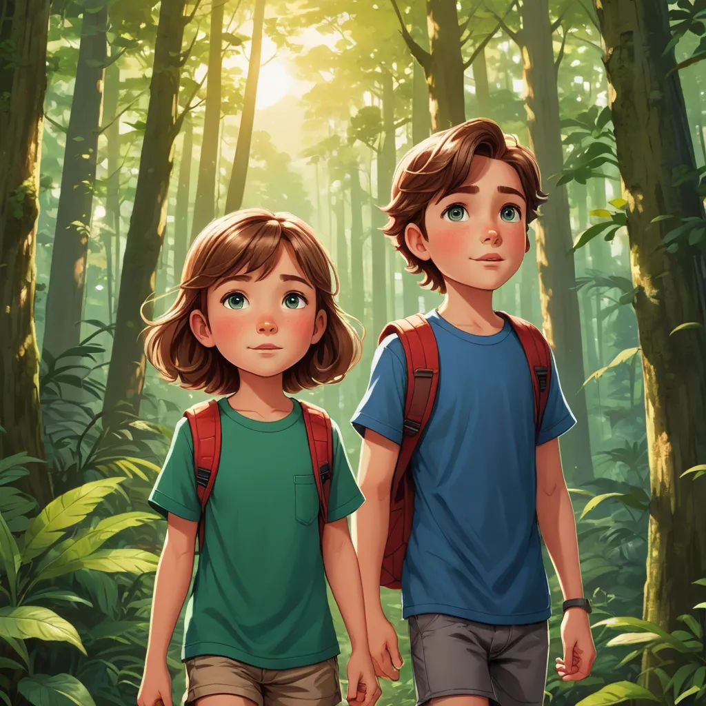 a couple of kids walking through a forest together in the sunlight with backpacks on their shoulders and a backpack on their shoulder, magical realism, a storybook illustration, Brothers Hildebrandt, rossdraws global illumination