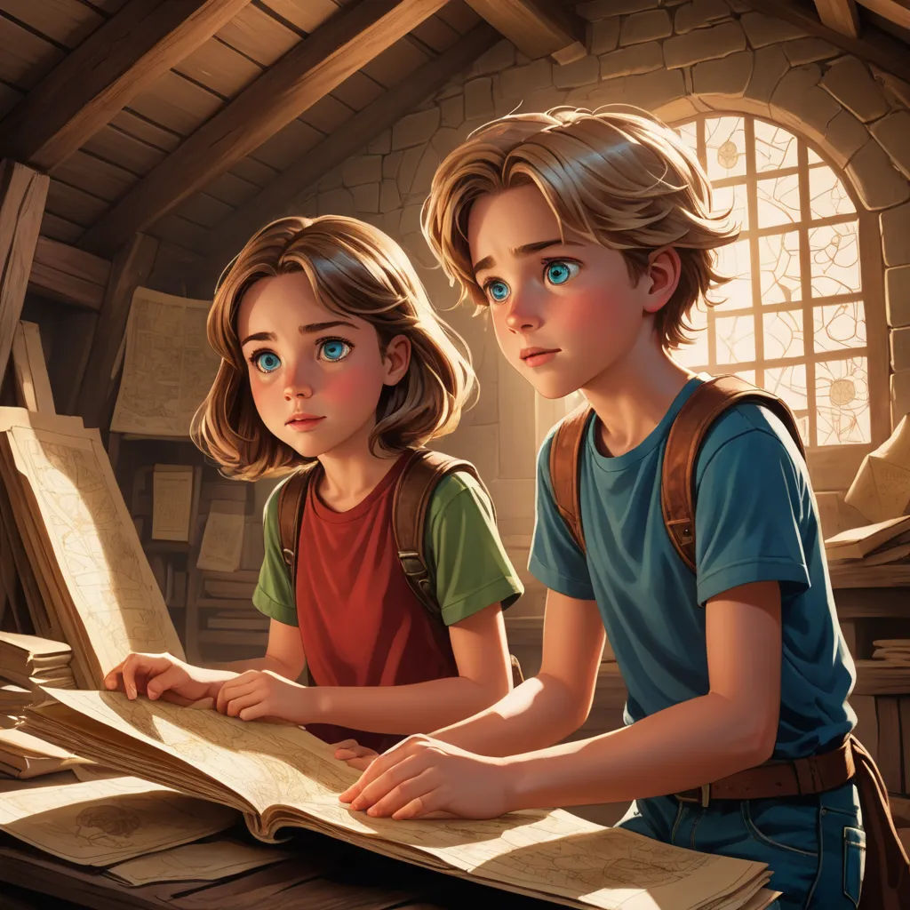 a boy and a girl sitting at a table looking at a book together in a room with a window, fantasy art, a storybook illustration, Brothers Hildebrandt, rossdraws global illumination