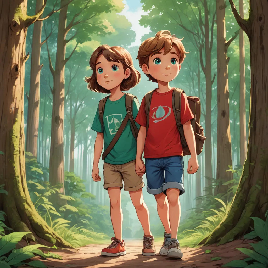 a couple of kids walking down a forest path holding hands and backpacks on their backs, with trees in the background, sots art, a storybook illustration, Diego Gisbert Llorens, rossdraws global illumination