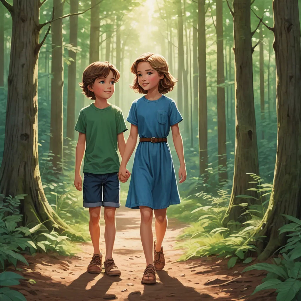 a painting of two children walking in a forest holding hands and looking at each other with sunlight shining through the trees, magical realism, a storybook illustration, Brothers Hildebrandt, official art