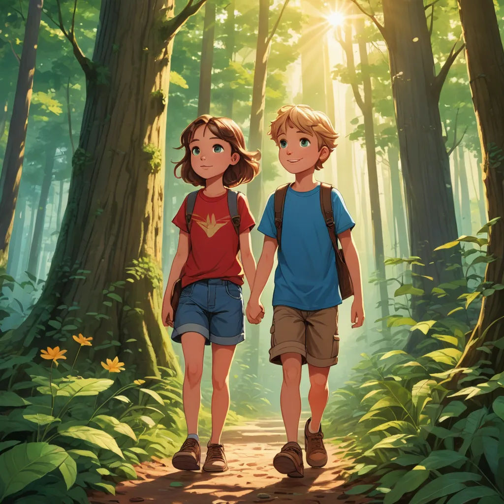 a couple of kids walking down a forest path holding hands and looking at the sun shining through the trees, fantasy art, a storybook illustration, Aaron Jasinski, rossdraws global illumination