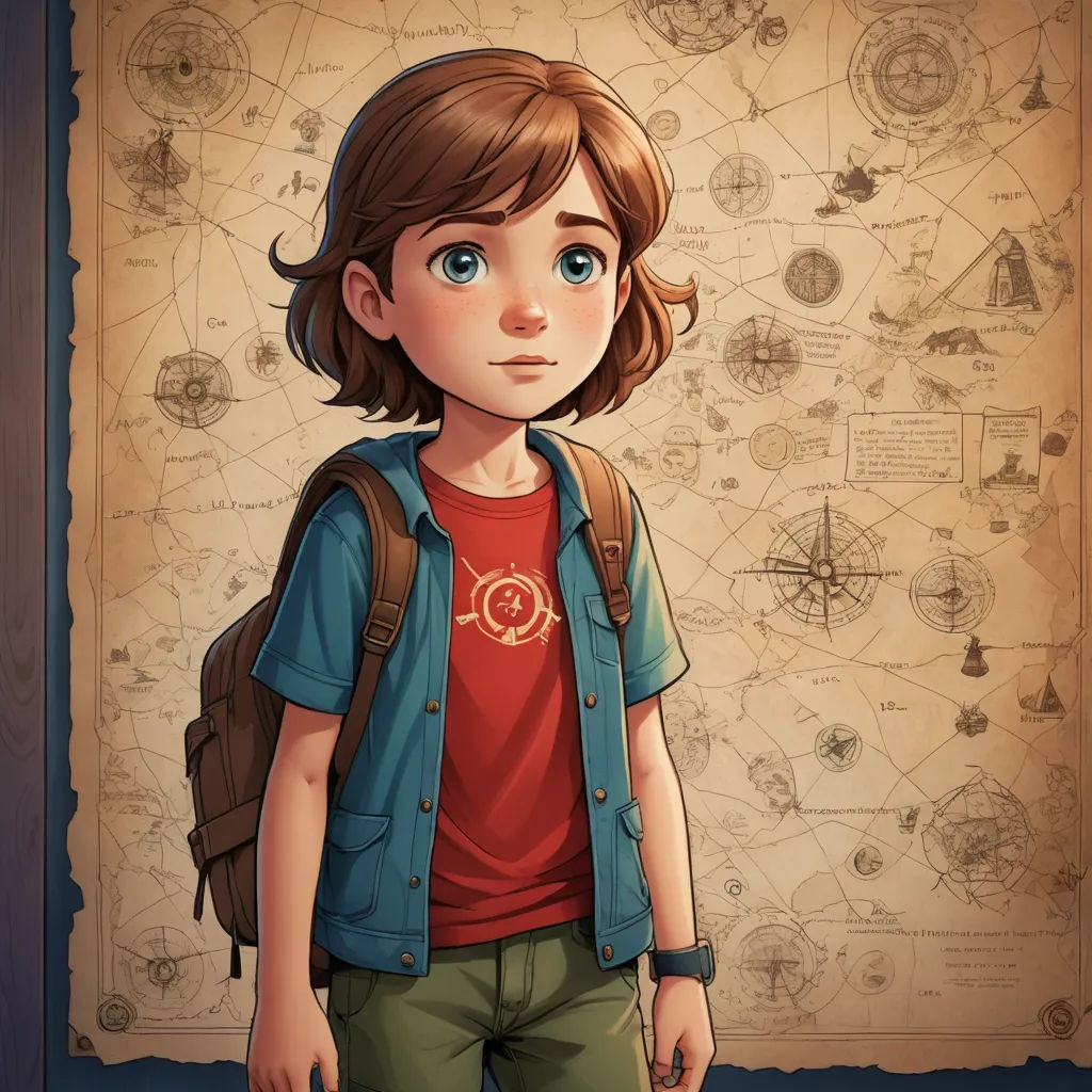 a young girl standing in front of a map of the world on a wall with a compass on it, photorealism, a character portrait, Cliff Childs, rossdraws global illumination