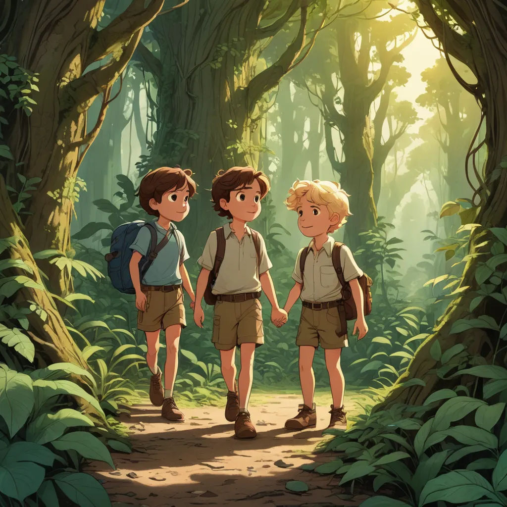 two boys walking in the woods holding hands and looking at each other with a backpack on their shoulders and a backpack on their shoulder, sots art, a storybook illustration, Diego Gisbert Llorens, official art