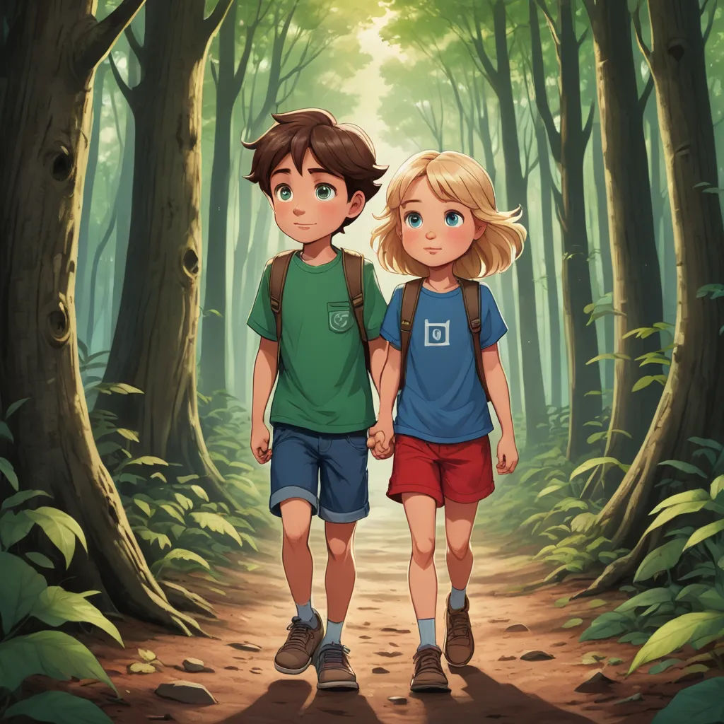 a boy and a girl walking in the woods holding hands and looking at the camera with a forest background, sots art, a storybook illustration, Diego Gisbert Llorens, rossdraws global illumination