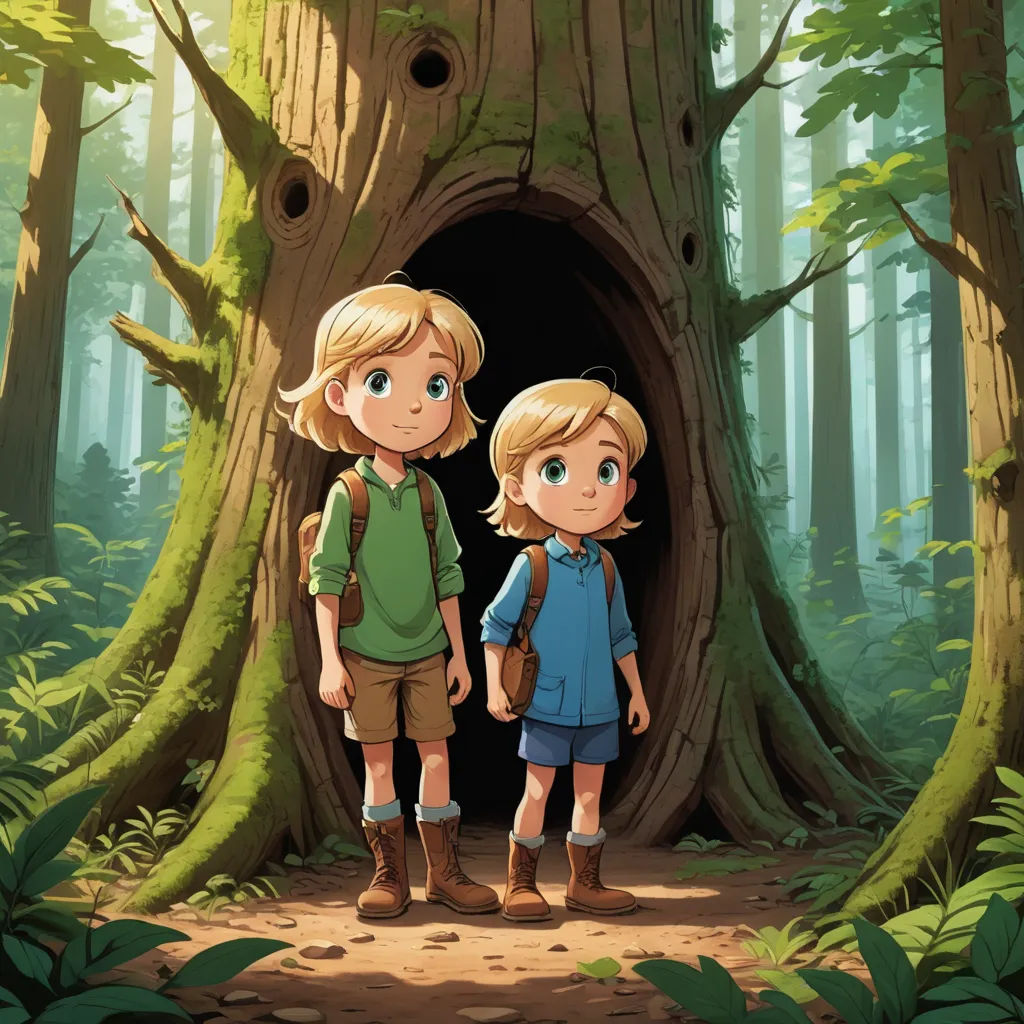 a couple of people standing in front of a tree in a forest with a tunnel in the middle of it, sots art, a storybook illustration, Diego Gisbert Llorens, official art