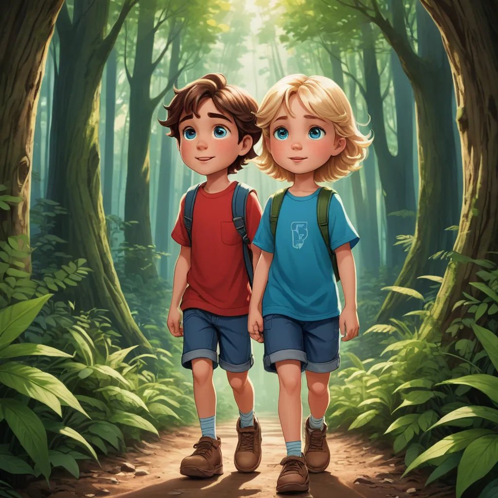 a couple of kids walking down a forest path together in the daytime sun light, with a forest background, sots art, a storybook illustration, Brothers Hildebrandt, rossdraws global illumination
