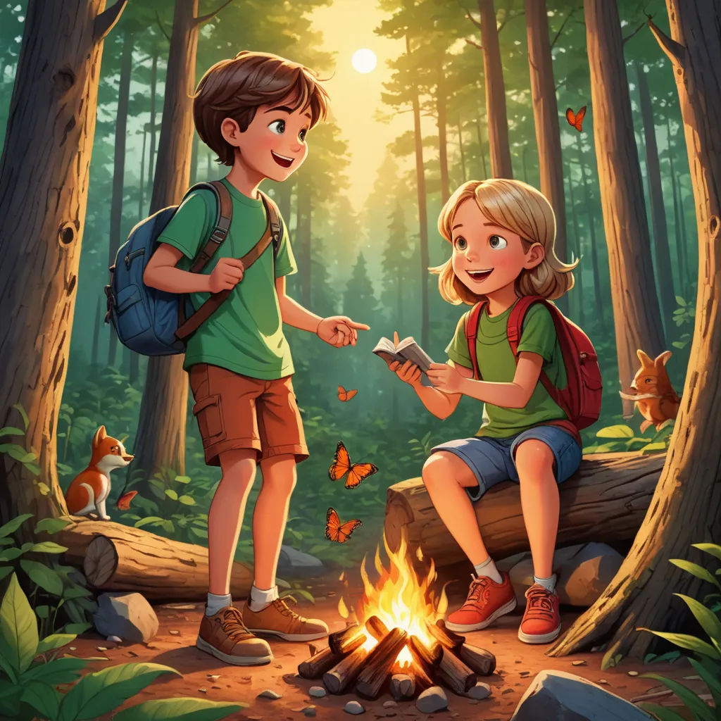 a boy and a girl are sitting by a campfire in the woods and reading a book together, with a dog nearby, fantasy art, a storybook illustration, Dan Mumford, storybook illustration