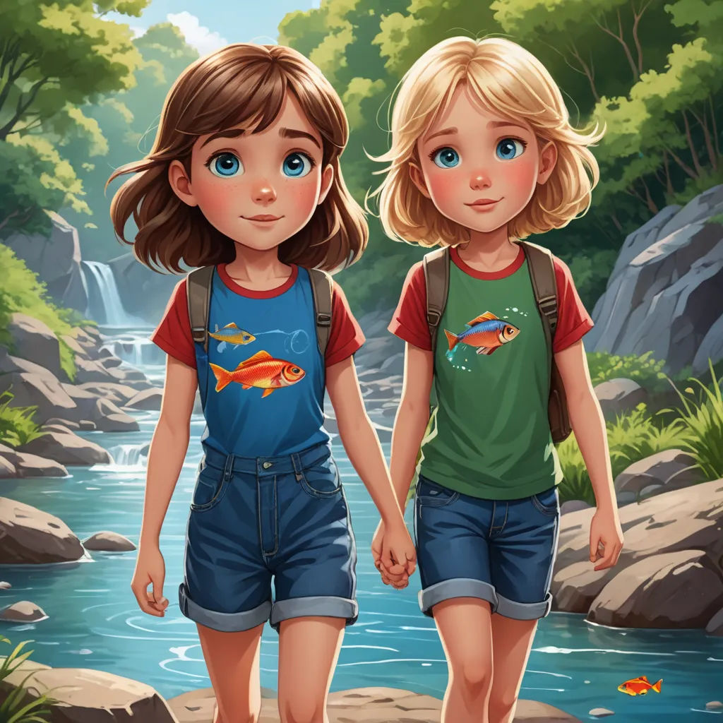 two little girls walking along a river holding hands and looking at the camera with a waterfall in the background, fantasy art, a storybook illustration, Cliff Childs, trending on art station