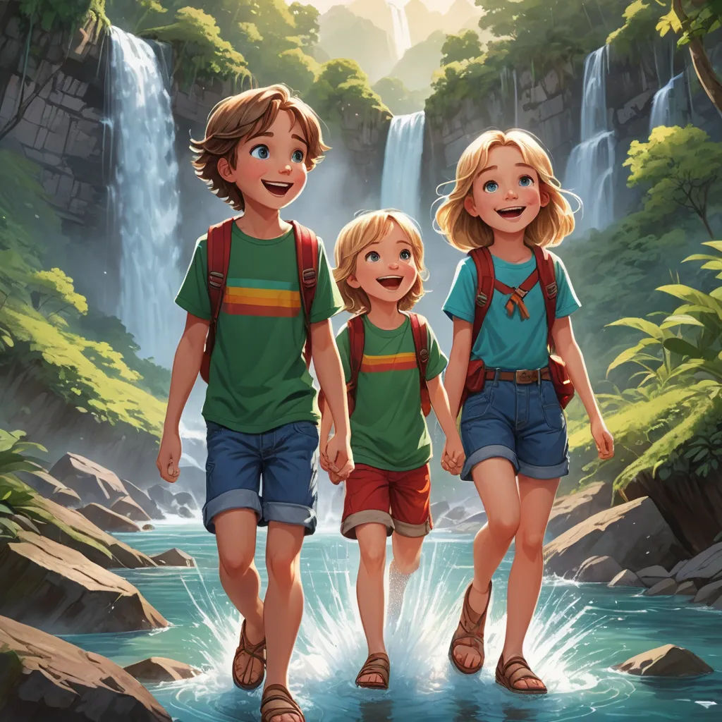 a family of three walking through a waterfall in the woods together, with a waterfall in the background and a waterfall in the foreground, fantasy art, concept art, Brothers Hildebrandt, official art