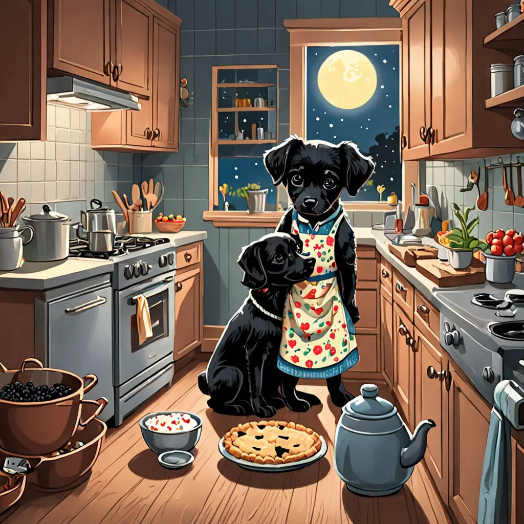 a black dog and a black cat in a kitchen with a pie and a teapot on the table, naive art, a storybook illustration, Dorothy Hood, storybook illustration