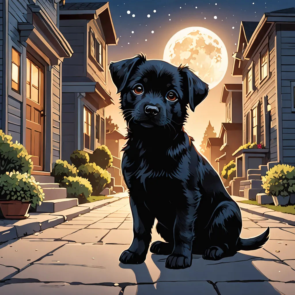 a black dog sitting on a sidewalk in front of a full moon and buildings with bushes and bushes in front of it, digital art, a comic book panel, Dan Mumford, comic cover art