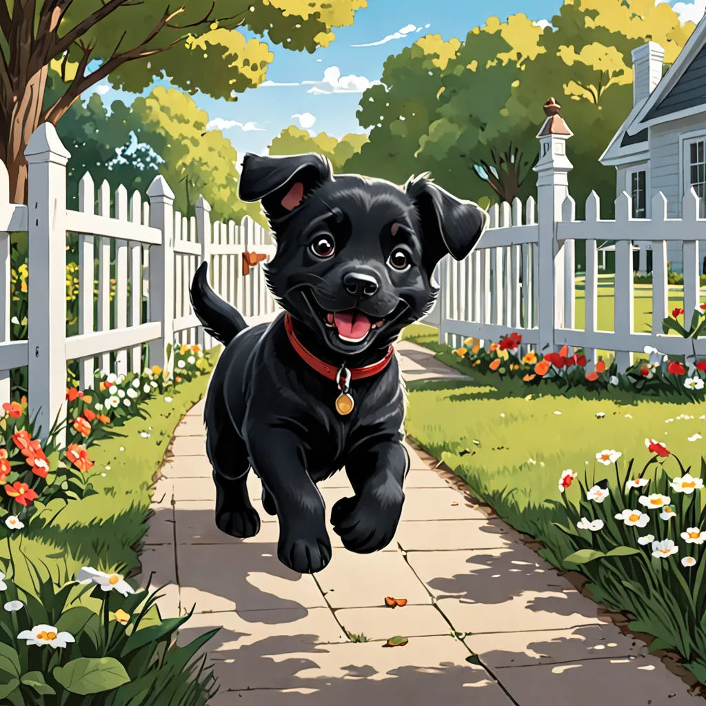 a black dog is running down a sidewalk in a garden with flowers and a white picket fence in the background, american scene painting, a storybook illustration, Chris Rallis, official art