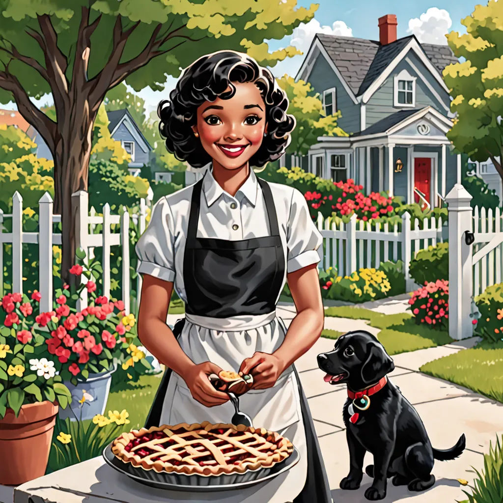 a woman in an apron is holding a pie and a dog is standing in front of her and a house, american scene painting, a storybook illustration, Dorothy Hood, comic cover art
