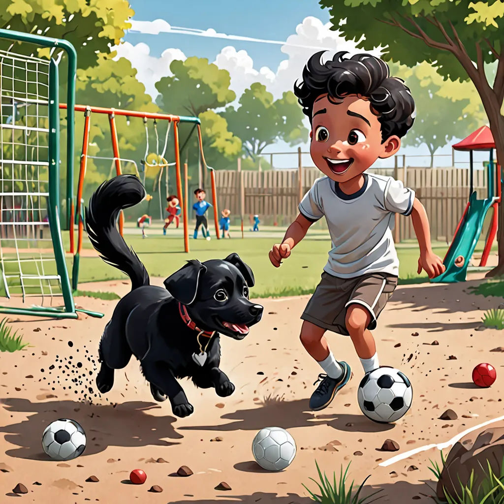 a boy playing soccer with a dog in a park with a soccer goal and ball in the dirt and a dog chasing him, american scene painting, a storybook illustration, Chris LaBrooy, storybook illustration