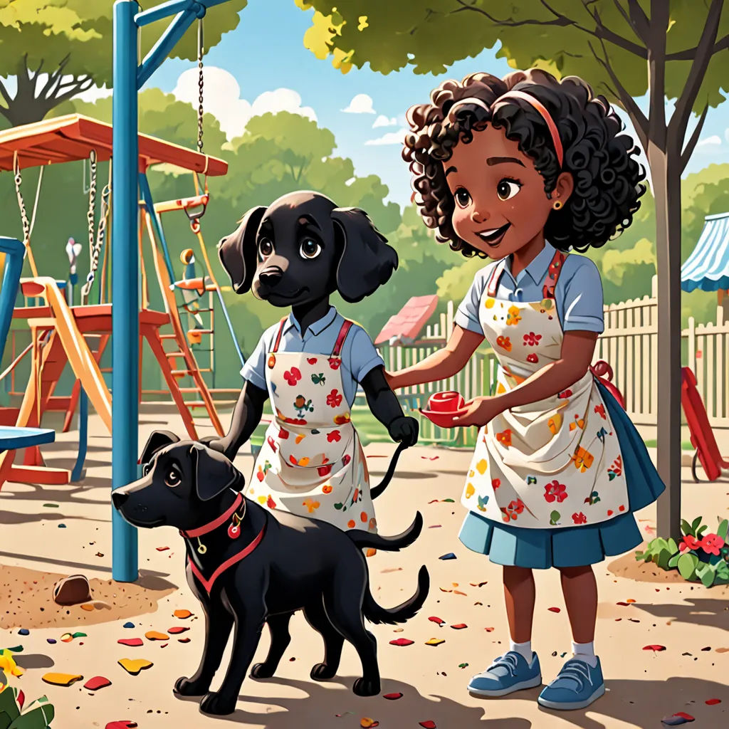 a girl and a dog are playing in a playground with a swing set and swingset in the background, american scene painting, a storybook illustration, Chris LaBrooy, storybook illustration