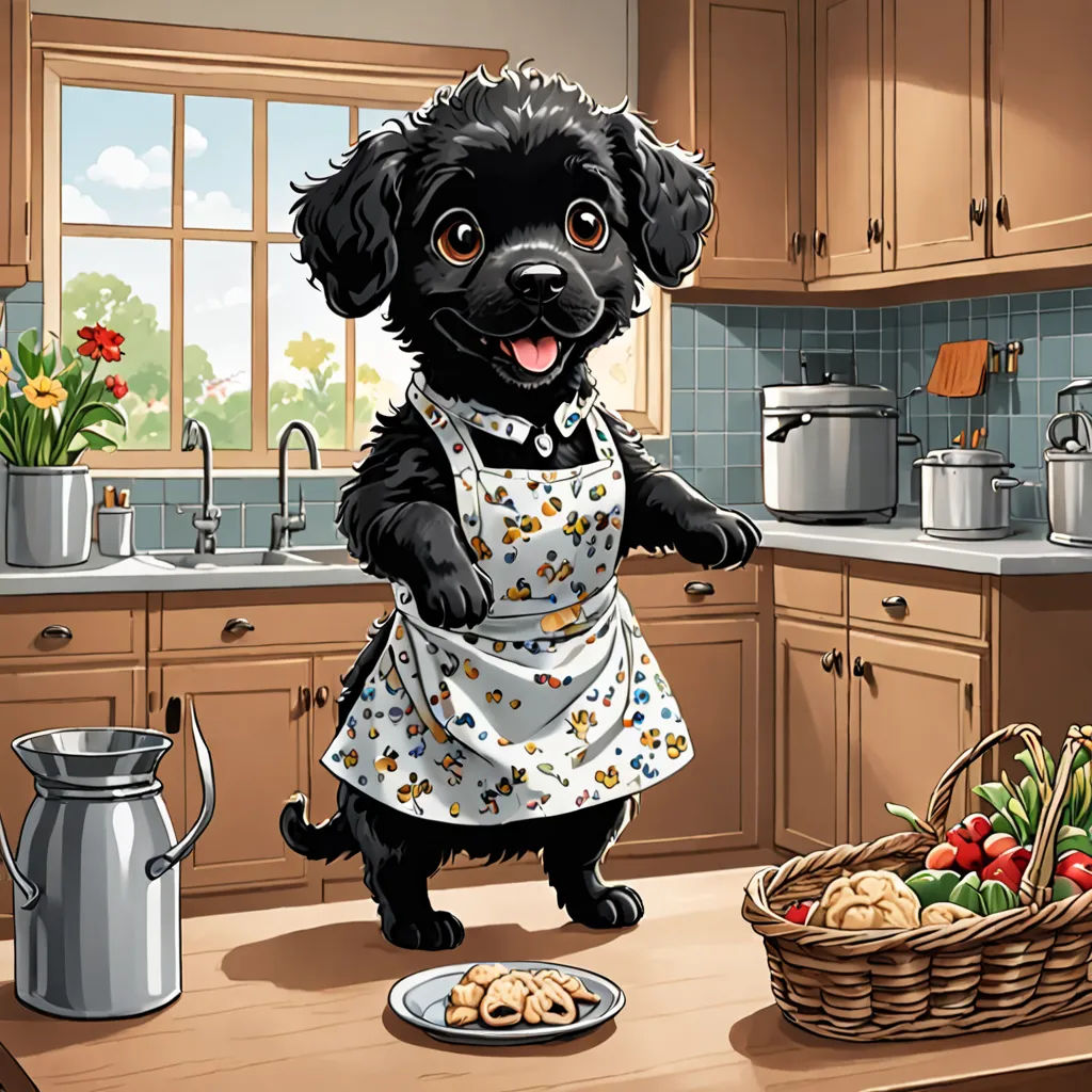 a black dog standing on a kitchen counter next to a basket of food and a pot of flowers on a table, furry art, a storybook illustration, Elinor Proby Adams, storybook illustration