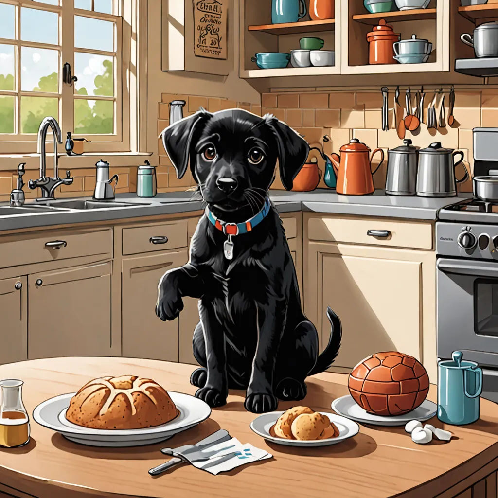 a black dog sitting at a kitchen table with a plate of food and a mug on the table next to it, american scene painting, a storybook illustration, David Brewster, official art