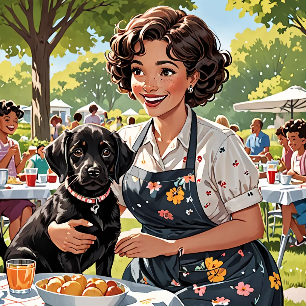 a woman sitting at a table with a dog in front of her and a bowl of fruit on the table, american scene painting, a storybook illustration, Edwin Georgi, comic cover art