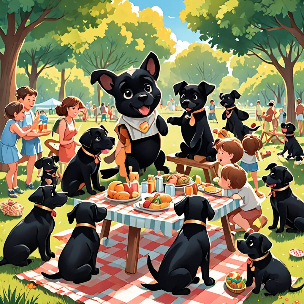 a group of dogs sitting around a picnic table with a picnic blanket on it and people standing around it, lyco art, a storybook illustration, Diego Gisbert Llorens, storybook illustration