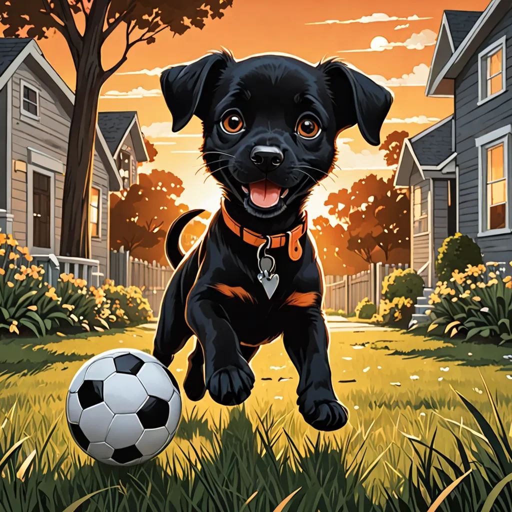 a black dog running with a soccer ball in its mouth in a yard with houses and trees in the background, american scene painting, a storybook illustration, Chris LaBrooy, comic cover art