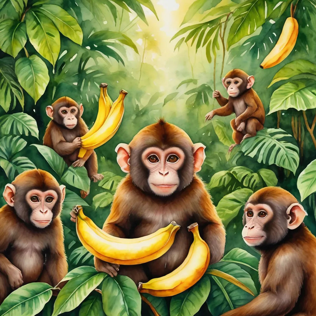 a painting of monkeys in a jungle with bananas and a banana peel in the foreground, and a third monkey in the background, primitivism, a detailed painting, Alex Petruk APe, highly detailed digital painting
