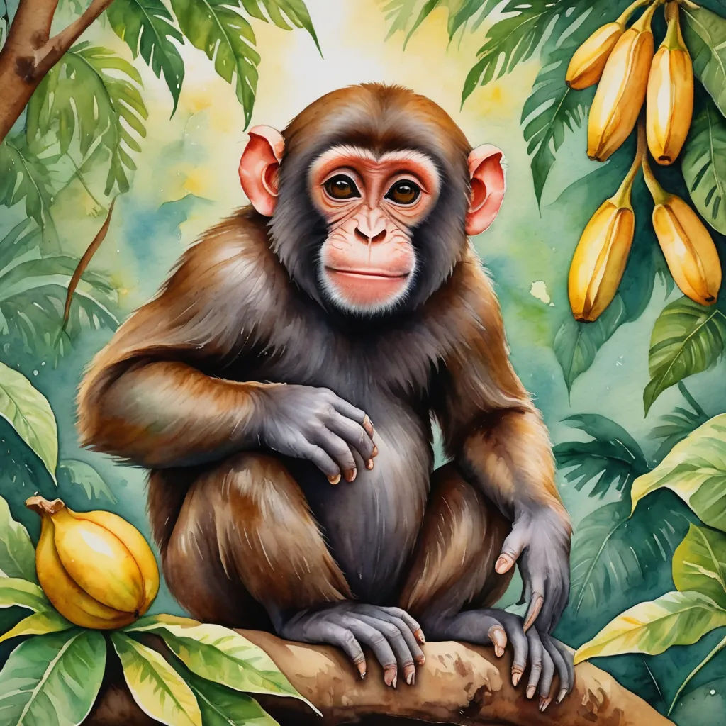 a painting of a monkey sitting on a branch with bananas in the background and a banana tree in the foreground, primitivism, a detailed painting, Alex Petruk APe, highly detailed digital painting