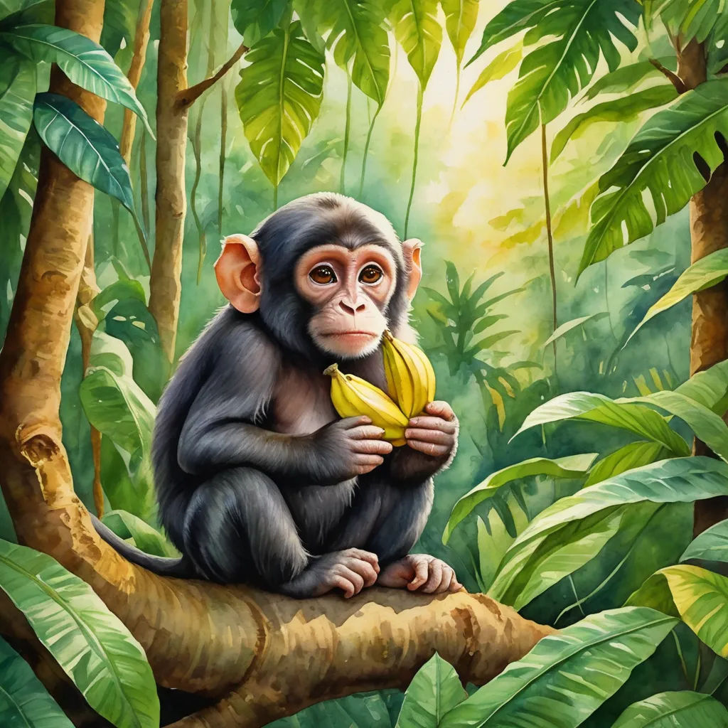 a painting of a monkey sitting on a tree branch eating a banana in a jungle with green leaves and a sunbeam, primitivism, a digital painting, Alex Petruk APe, highly detailed digital painting