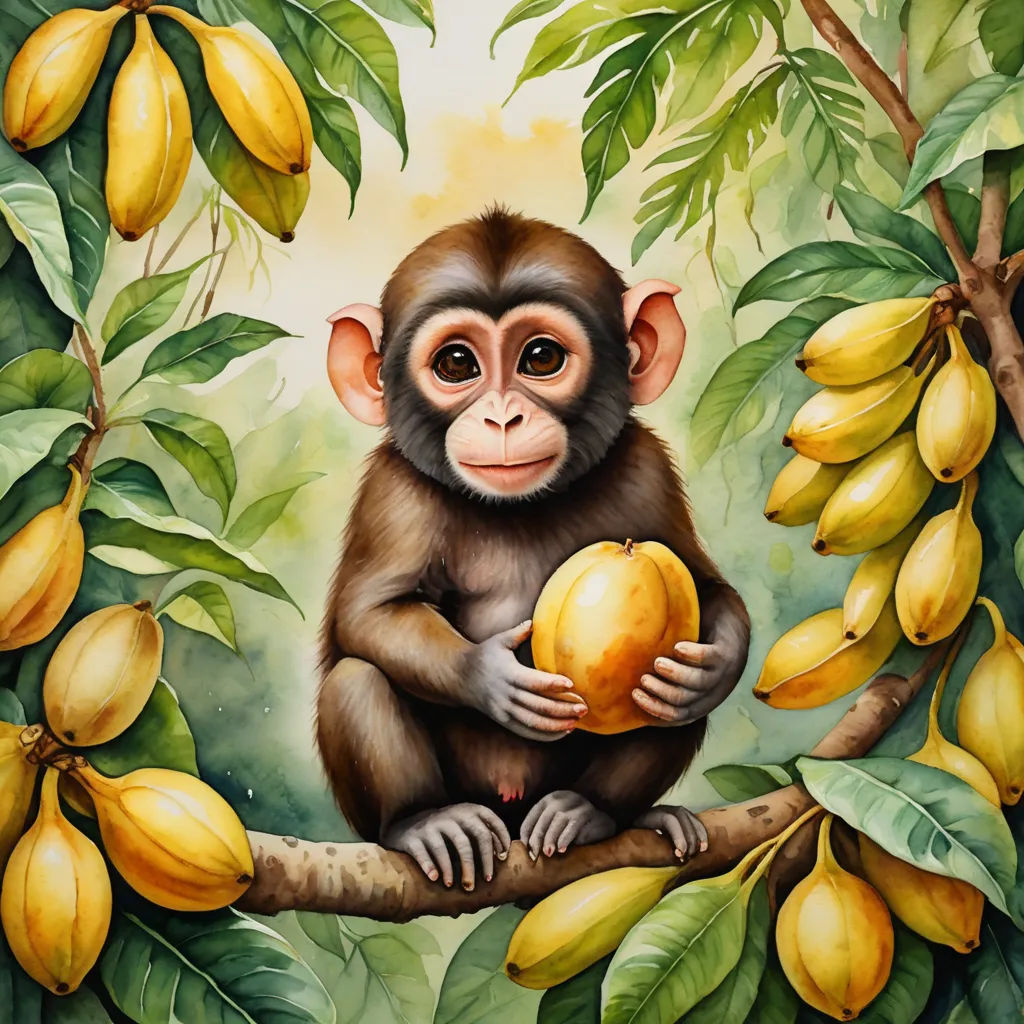 a painting of a monkey sitting on a branch holding a fruit in its hands and a bunch of bananas hanging from the tree, pop surrealism, a detailed painting, Alex Petruk APe, highly detailed oil painting